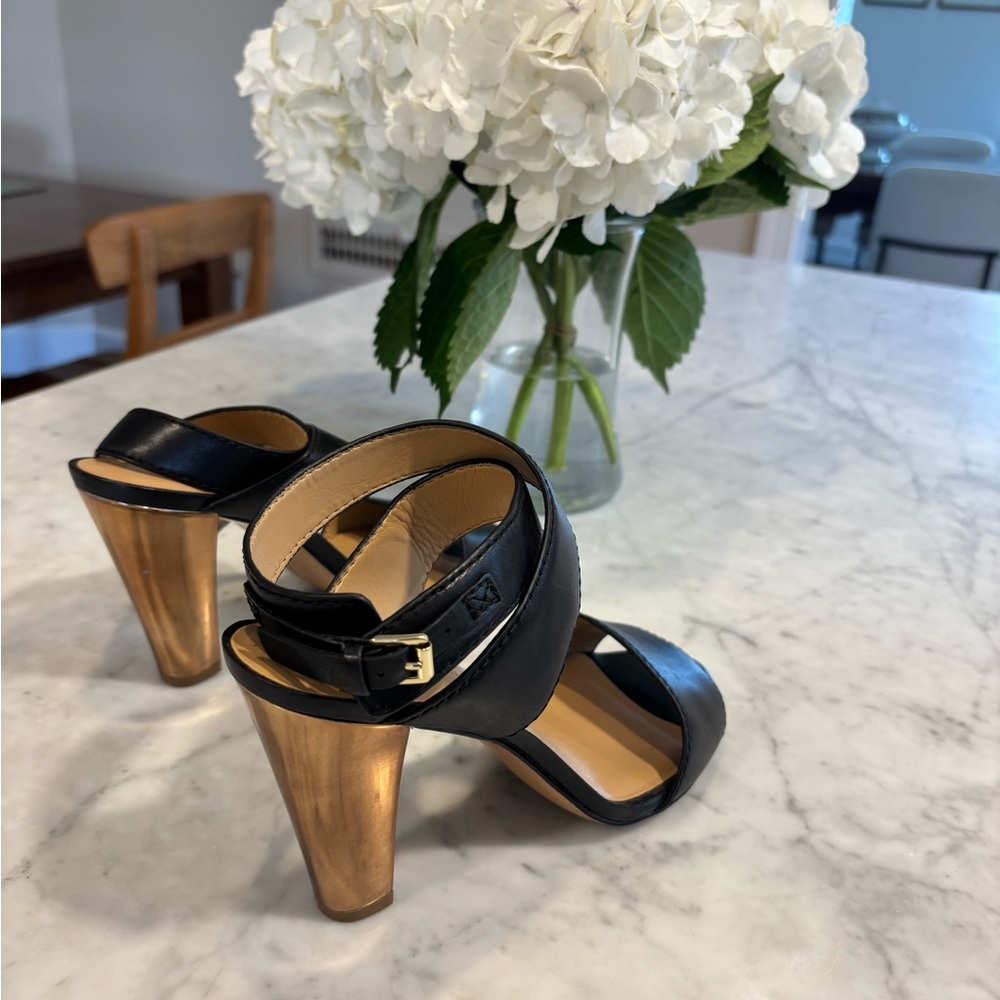 Banana Republic Black Leather Sandals with Gold Block Heels